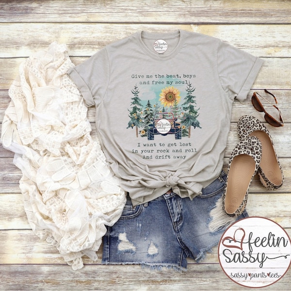 Sassy Pants Tees, Drift Away Tee, Give me the beat, Boho JK Sunflower tee, Vintage Dyed SassyPantsTees