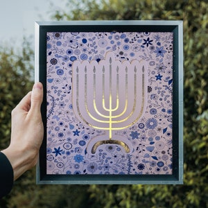 Impression d'art Menorah de Hanoucca bleu et argent, Illustration de Hanoukka, impression de menorah juive de Hanoucca heureux, cadeau de fête juive, décoration de Hanoucca