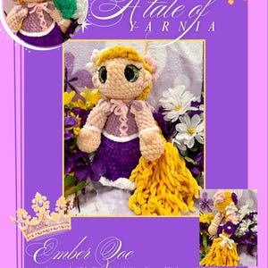 May include: A crochet doll with long yellow yarn hair, wearing a purple dress with a white lace-up bodice and white trim. The doll has large green eyes, pink cheeks, and floral hair accessories. A small green lizard figure is also featured.