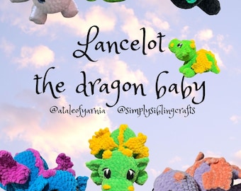 May include: A collection of crocheted dragon plushies in various colors, including green, white, black, purple, and orange. The plushies have large eyes and are arranged in a circle around the text "Lancelot the dragon baby" with the social media handles @ataleofyarnia and @simplysiblingcrafts.