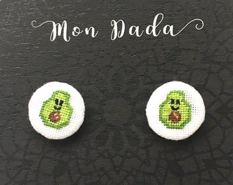 Charming stud avocado earrings, Handmade embroidered jewelry, Gift for avocado lovers