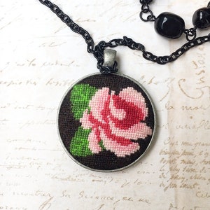 Red Rose Flower. Embroidered necklace. Art nouveau style pendant. Gift for her. Cross stitch Petit point floral necklace