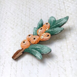 Cute orange sea buckthorn branch pin. Satin stitch patch. Needlework art accessory. Fall botanical broach pin. Gift for nature plants lovers