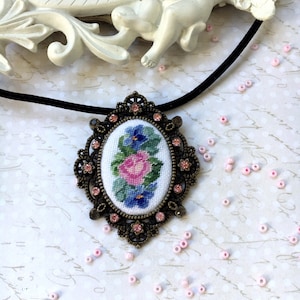 Pink rose and violets petit point embroidery necklace. Victorian style floral pendant