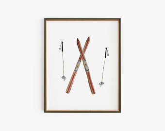 Skis Watercolor Digital Print Winter Cozy Print Instant Download Printable
