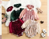 Silk Holiday Longsleeve Romper, Toddler Baby Girls Velvet Jumpsuits Bow Headband, Xmas Gift For Kids, Romper Baby Dress, Kids Clothing