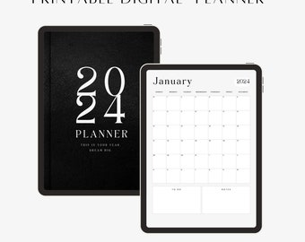 May include: A digital planner for 2024 with a black cover and a white 2024 design. The planner includes a calendar for January 2024 with sections for to do and notes.