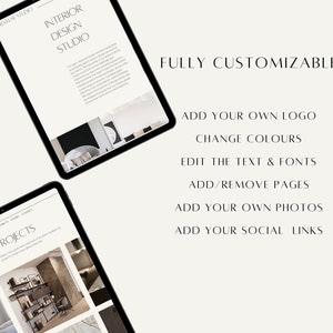 May include: A mockup of a website for an interior design studio. The website is fully customizable and features a modern design with a white background and black text. The website includes a logo, color options, text and font editing, page adding and removing, photo uploading, and social media links.