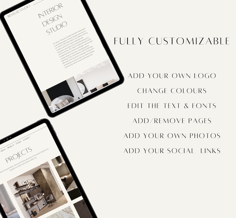 May include: A mockup of a website for an interior design studio. The website is fully customizable and features a modern design with a white background and black text. The website includes a logo, color options, text and font editing, page adding and removing, photo uploading, and social media links.
