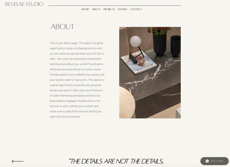 May include: A website about page with the text "This is your About page. This space is a great opportunity to give a full background on who you are, what you do and what your site has to offer. Your users are genuinely interested in learning more about you, so don't be afraid to share personal anecdotes to create a more friendly quality. Every website has a story, and your visitors want to hear yours. This space is a great opportunity to provide any personal details you want to share with your followers. Include interesting anecdotes and facts to keep readers engaged. Double click on the text box to start editing your content and make sure to add all the relevant details you want site visitors to know."  The image also shows a magazine with the text "KINIOIK" on a marble surface with a white globe lamp and two black vases.