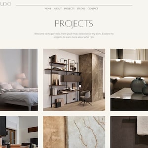 May include: A website showcasing interior design projects. The website features a header with the title "Reveuse Studio" and a navigation bar with links to "Home", "About", "Projects", "Studio", and "Contact". The website also features a section titled "Projects" with a description that reads "Welcome to my portfolio. Here you'll find a selection of my work. Explore my projects to learn more about what I do.". The website features images of different interior design projects, including a bedroom, a home office, a living room, and a bathroom.