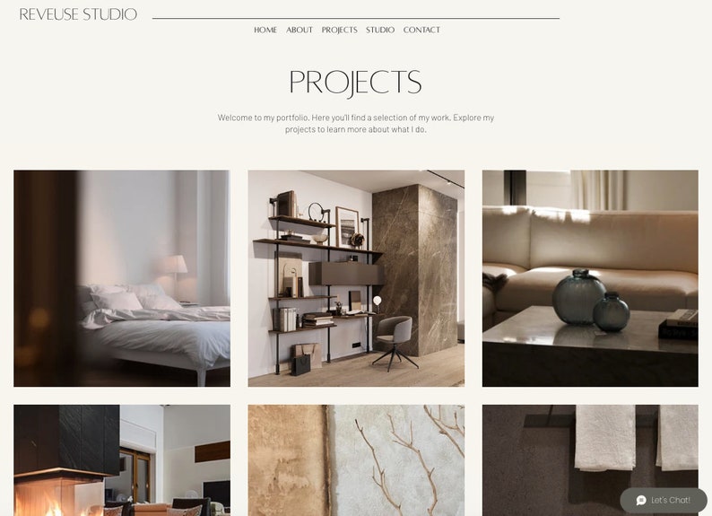 May include: A website showcasing interior design projects. The website features a header with the title "Reveuse Studio" and a navigation bar with links to "Home", "About", "Projects", "Studio", and "Contact". The website also features a section titled "Projects" with a description that reads "Welcome to my portfolio. Here you'll find a selection of my work. Explore my projects to learn more about what I do.". The website features images of different interior design projects, including a bedroom, a home office, a living room, and a bathroom.