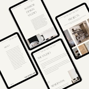 May include: Website screenshots of an interior design studio. The website features a black and white color scheme with a minimalist design. The website includes sections for about, projects, and the studio.