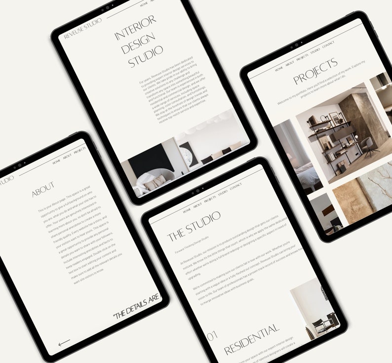 May include: Website screenshots of an interior design studio. The website features a black and white color scheme with a minimalist design. The website includes sections for about, projects, and the studio.