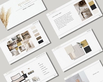 May include: A project proposal for interior design services. The proposal includes a mood board with color swatches, furniture selections, and a thank you message.