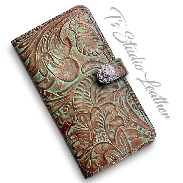 50 PERCENT OFF SALE - Samsung Galaxy S21 Brown and Turquoise Leather Phone Case - Western Style Tooled Leather Folio Wallet Style Case