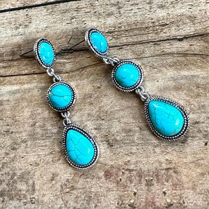 Turquoise Earrings - Chandelier Western Style Faux Turquoise Stone Earrings in Antique Silver Settings, post style back - Cowgirl Jewelry