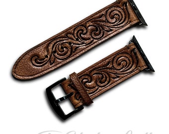 Western Style Hand Tooled Leather Apple Watch band in Dark Brown - Genuine Leather Watch Strap - Matching phone case sold separately