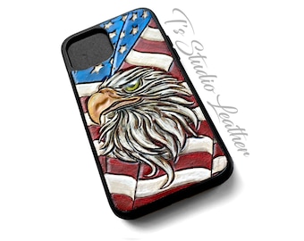 Patriotic American Flag Eagle Hand Tooled Genuine Leather Phone Case - USA Stars and Stripes Red White Blue Phone Case for iPhone or Samsung