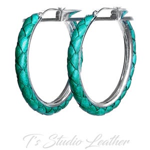 Leather Hoop Earrings - Turquoise Western Style Genuine Leather Earrings on Silver Hoops - Turquoise Braided Leather