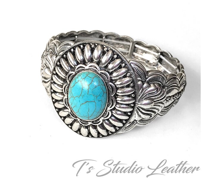 Broche Magnétique Concho 30mm Turquoise Simili - Bijou Western Fait Main