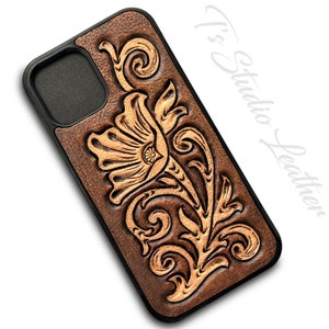Western Style Hand Tooled Floral Design Leather Phone Case in Two Toned Brown, for iPhone or Samsung