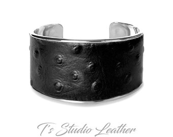 Black Ostrich Leather Cuff Bracelet -  Genuine Cowhide Leather with Ostrich Embossed Print Texture