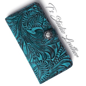 Turquoise and Black Embossed Leather Wallet Style Phone Case by Ts Studio Leather - Western Style Tooled Leather Floral Folio Phone Case