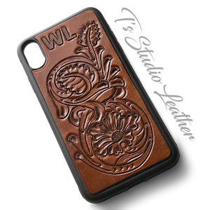 Personalized with Initials, Hand Tooled Leather Phone Case - Western Style Tool Leather Brown & Turquoise Floral Case for iPhone or Samsung