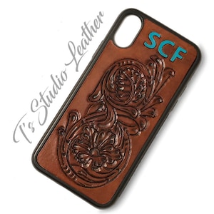 Personalized with Initials, Hand Tooled Leather Phone Case - Western Style Tool Leather Brown & Turquoise Floral Case for iPhone or Samsung