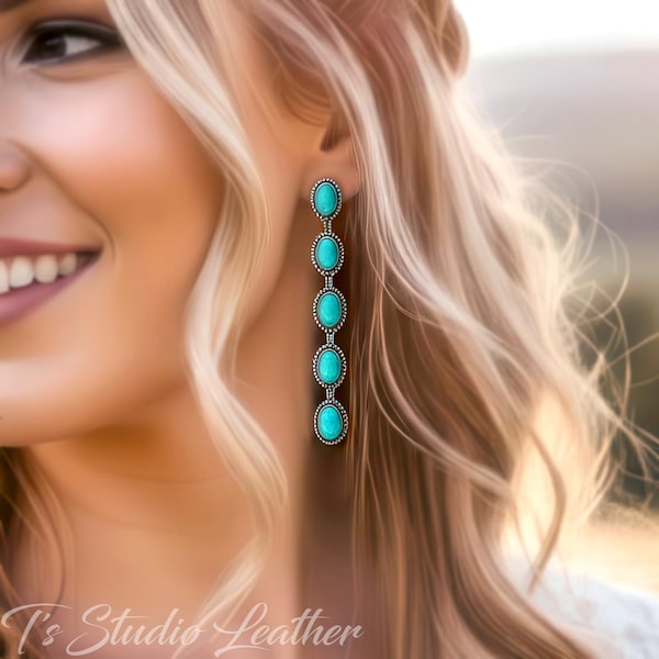 Rustic Country Wedding Theme Jewelry - Long Dangling Western Style Turquoise Stone Earrings in Antique Silver Settings, with post style back