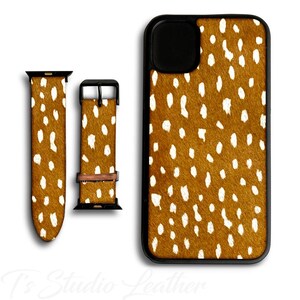 Deer Hair On Cowhide Leather Phone Case with matching Apple Watch band - Genuine Cowhide Leather, Axis Deerskin Print