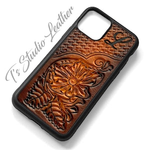 Western Style Hand Tooled Basketweave and Floral Design Leather Phone Case in Brown, for iPhone or Samsung - makes a great gift!