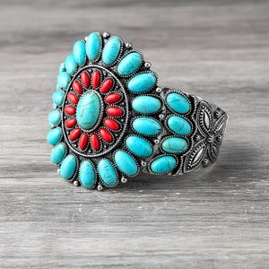 Large Silver, Red and Turquoise Concho Cuff Bracelet - Western Style Boho Chic Jewelry
