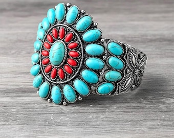 Large Silver, Red and Turquoise Concho Cuff Bracelet - Western Style Boho Chic Jewelry