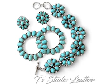 Turquoise and Silver Hoop Earrings and Floral Bracelet Set- Western Style Boho Chic Cowgirl Jewelry