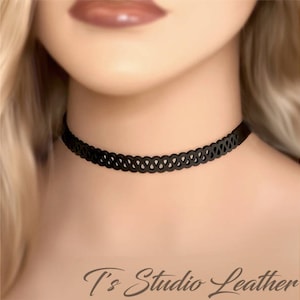 Black Laser Cut Leather Choker Necklace