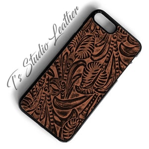 Western Style Brown Floral Leather Phone Case - Genuine Cowhide Textured Leather, for iPhone or Samsung
