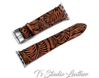 Apple Watch Leather Band - Western Style Brown Floral Genuine Leather Watch Strap - Fits All Series Apple Watches