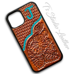 Custom Design Turquoise and Saddle Tan Western Style Hand Tooled Basketweave and Floral Leather Phone Case in Saddle Tan, Perfect GIFT IDEA