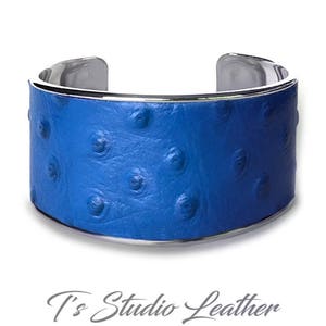 Royal Cobalt Sapphire Blue Ostrich Leather Cuff Bracelet -  Genuine Cowhide Leather with Ostrich Embossed Print Texture