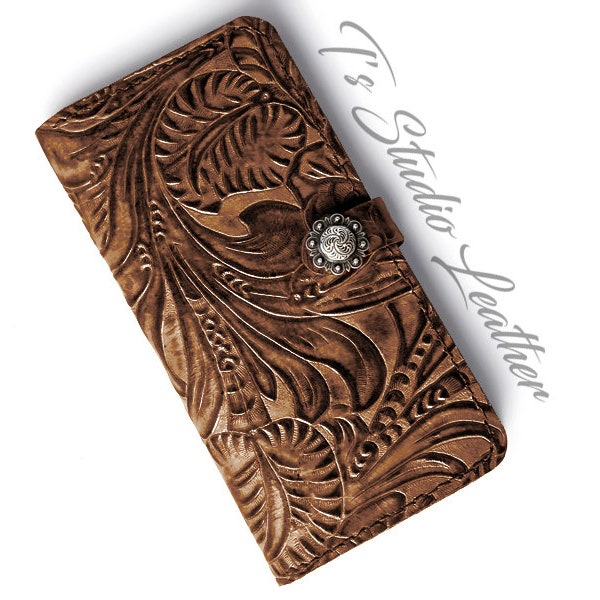 50 PERCENT OFF SALE - Brown Floral Leather Samsung Galaxy Note 20 Ultra Case - Western Style Leather Floral Folio Wallet Style Case