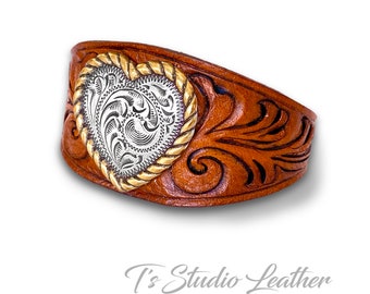 Hand Tooled Leather Cuff Bracelet Wristband with Silver Heart Concho - Western Style with buckle clasp