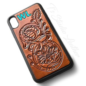Hand Tooled Leather Phone Case - Western Style Tool Leather Brown & Turquoise Floral Case for iPhone or Samsung - Personalized with Initials