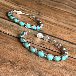 Turquoise and Silver Hoop Earrings - Western Style Cowgirl Boho Chic Jewelry