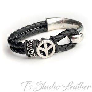 Black Braided Leather Bracelet with Silver Peace Slider - Available in other colors!