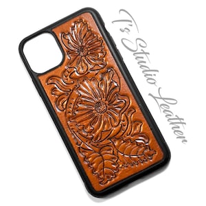 Western Cowboy Style Hand Tooled Floral Design Leather Phone Case in Brown, for iPhone or Samsung