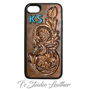 Personalized with Initials, Hand Tooled Leather Phone Case - Western Style Floral Phone Case in Turquoise & Brown, for iPhone or Samsung