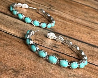 Turquoise and Silver Hoop Earrings - Western Style Cowgirl Boho Chic Jewelry