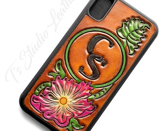 Custom Western Style Hand Tooled and Painted Floral Design Leather Phone Case, Personalized with your logo, brand, or initials